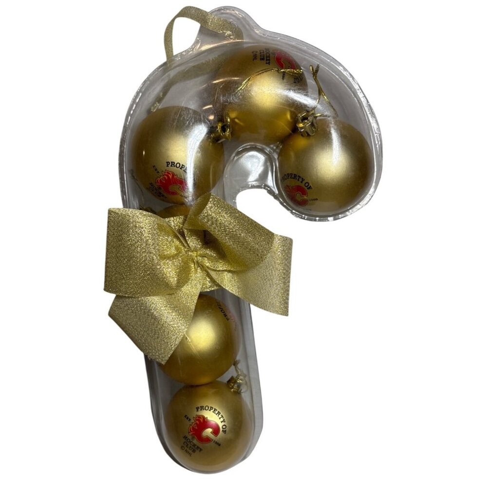 Calgary Flames Hockey Club Gold Christmas Ball Ornament Set Candy Cane Packaging